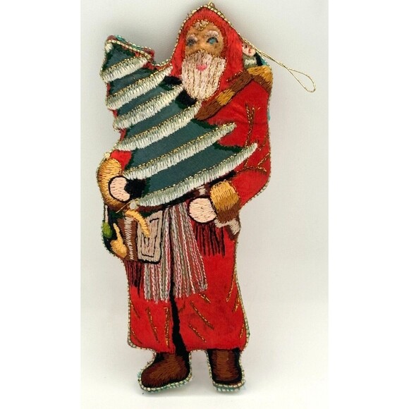 Embroidered Cloth Santa Christmas Ornament Stuffed Vintage Two Sided Old World - Picture 1 of 14